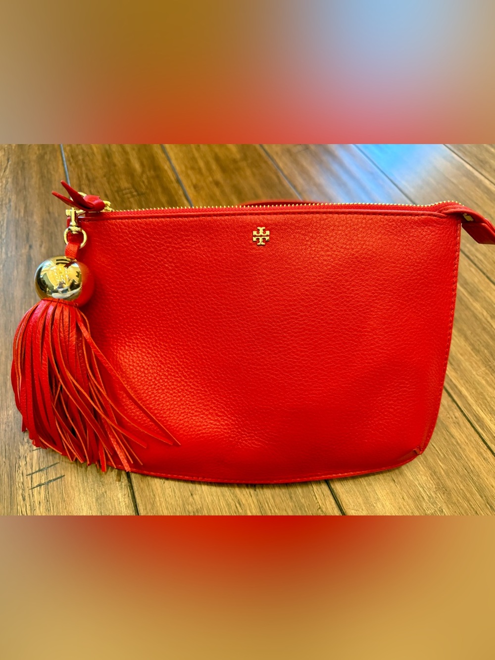 Tory Burch Cherry Red Leather Clutch/Crossbody with Tassel Zipper